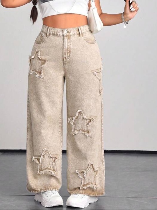 Nova blue Denim - Nova Blue Star Patch Wide Leg Pants Womens L Beige Y2K Streetwear Trendy